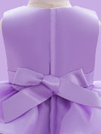Blisseven LS8609 lavender girls princess dress back zipper detail, showing the smooth satin back bodice, zipper closure, and bow tie design