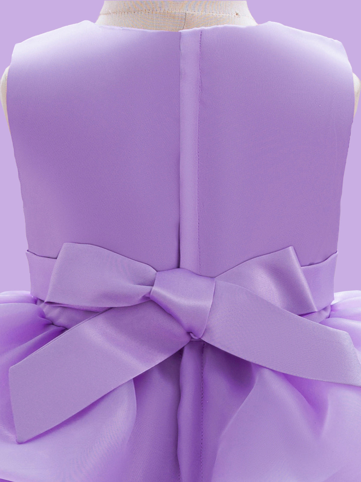 Blisseven LS8609 lavender girls princess dress back zipper detail, showing the smooth satin back bodice, zipper closure, and bow tie design