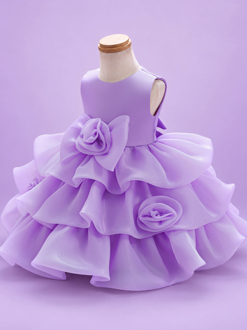 Blisseven LS8609 lavender girls organza tiered short princess dress side view, showing the fluffy organza layers, voluminous skirt shape, and 3D floral waist design