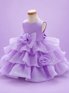 Blisseven LS8609 lavender girls organza tiered short princess dress side view, showing the fluffy organza layers, voluminous skirt shape, and 3D floral waist design