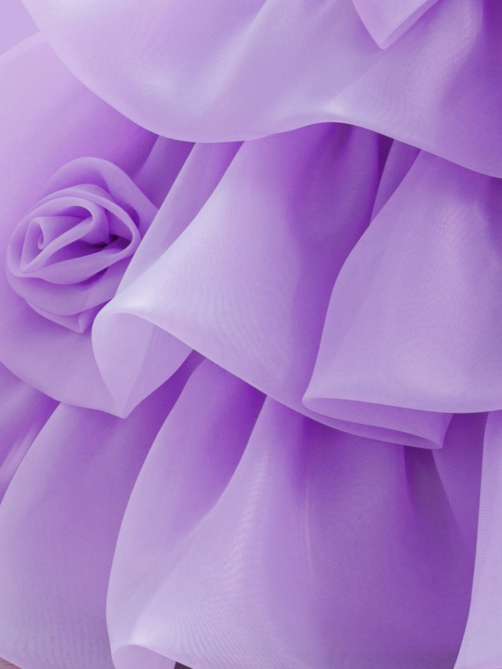 Blisseven LS8609 lavender girls organza dress skirt flower detail, showing small 3D floral decorations on the layered tiered skirt
