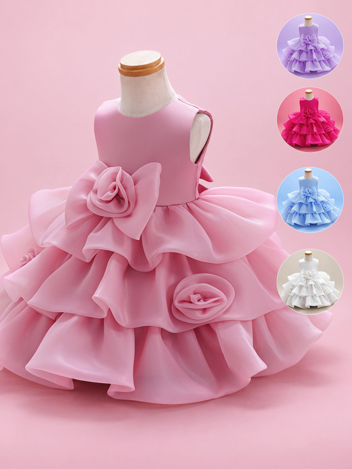 Blisseven LS8609 girls organza tiered short princess dress main image, available in dusty rose, white, hot pink, sky blue, and lavender, featuring a fluffy layered skirt and 3D floral bow decoration
