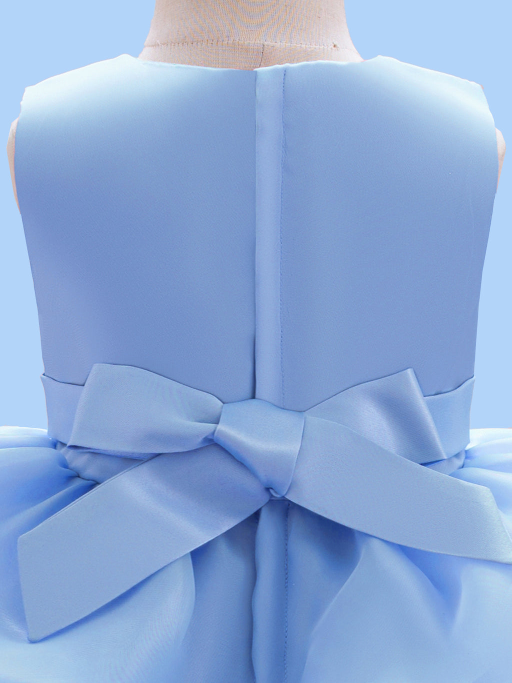 Blisseven LS8609 sky blue girls princess dress back zipper detail, showing the smooth satin back bodice, zipper closure, and bow tie design