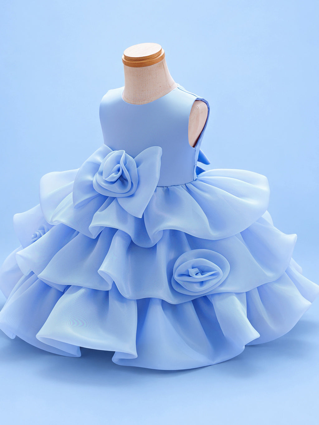 Blisseven LS8609 sky blue girls organza tiered short princess dress side view, showing the fluffy organza layers, voluminous skirt shape, and 3D floral waist design