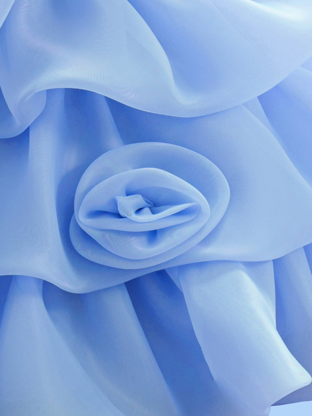 Blisseven LS8609 sky blue girls organza dress skirt flower detail, showing small 3D floral decorations on the layered tiered skirt