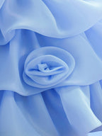 Blisseven LS8609 sky blue girls organza dress skirt flower detail, showing small 3D floral decorations on the layered tiered skirt