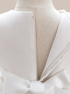 Blisseven LS8609 white girls princess dress back zipper detail, showing the smooth satin back bodice, zipper closure, and bow tie design