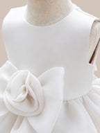 Blisseven LS8609 white girls princess dress bodice detail, showing the smooth sleeveless bodice, waist seam, and large 3D floral decoration