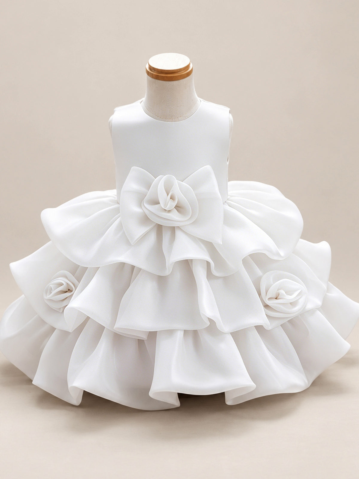 Blisseven LS8609 white girls organza tiered princess dress front view with 3D floral bow waist and fluffy short skirt