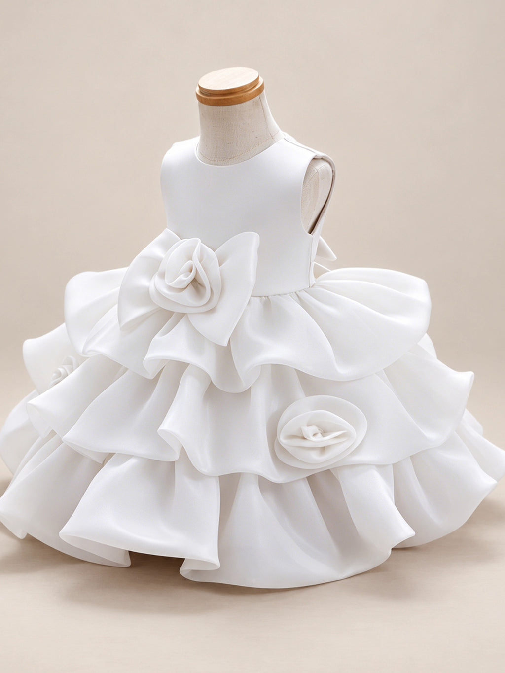 Blisseven LS8609 white girls organza tiered short princess dress side view, showing the fluffy organza layers, voluminous skirt shape, and 3D floral waist design