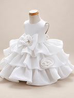 Blisseven LS8609 white girls organza tiered short princess dress side view, showing the fluffy organza layers, voluminous skirt shape, and 3D floral waist design