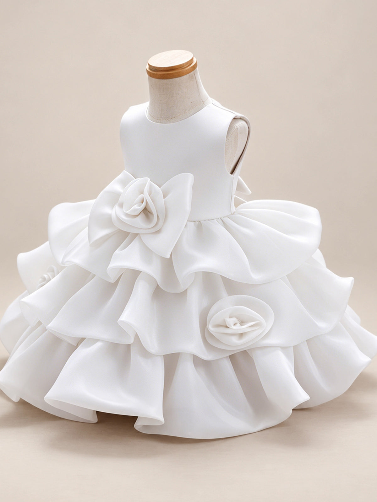 Blisseven LS8609 white girls organza tiered short princess dress side view, showing the fluffy organza layers, voluminous skirt shape, and 3D floral waist design