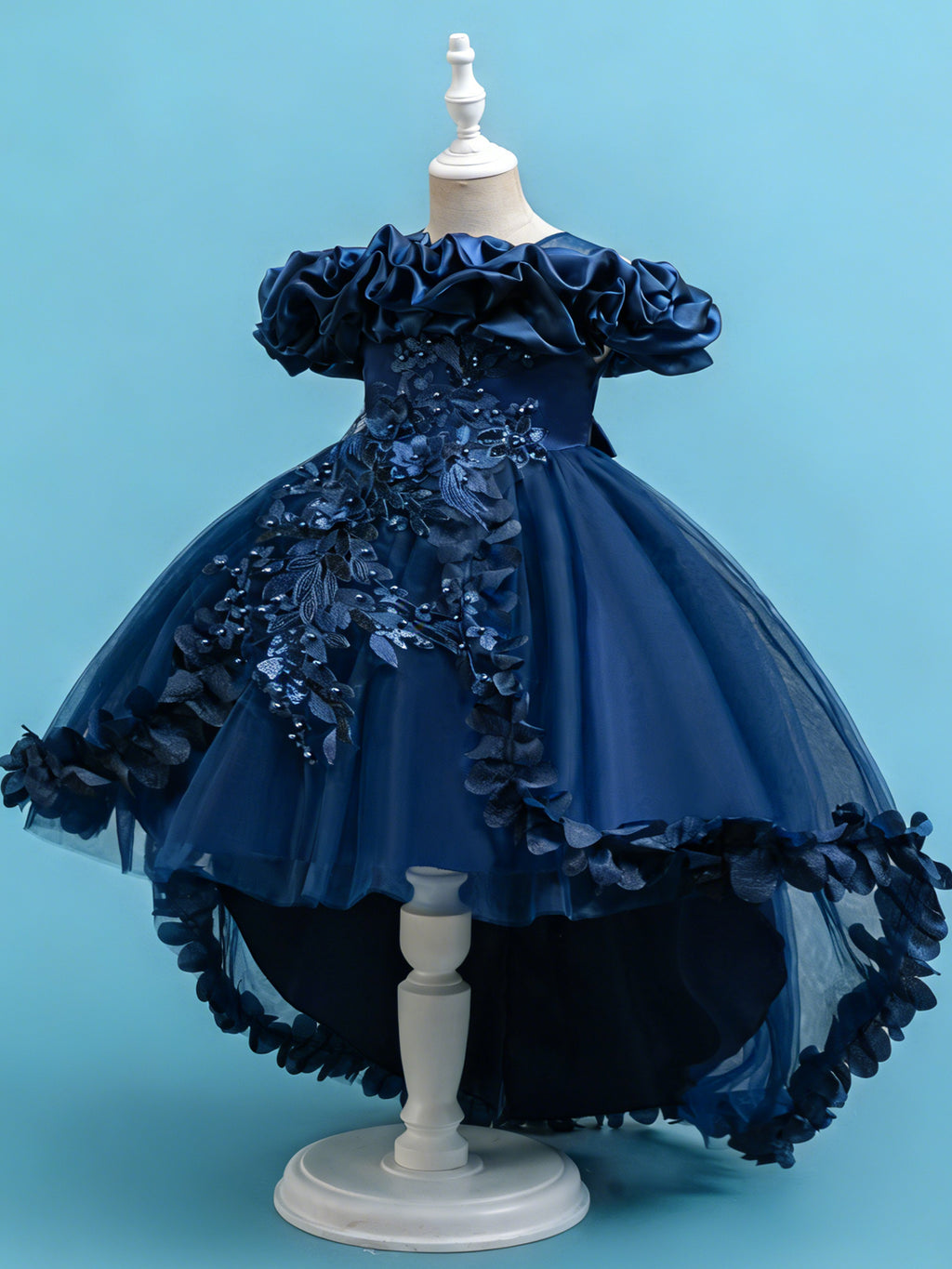Blisseven navy blue flower girl tulle dress with high low skirt side view