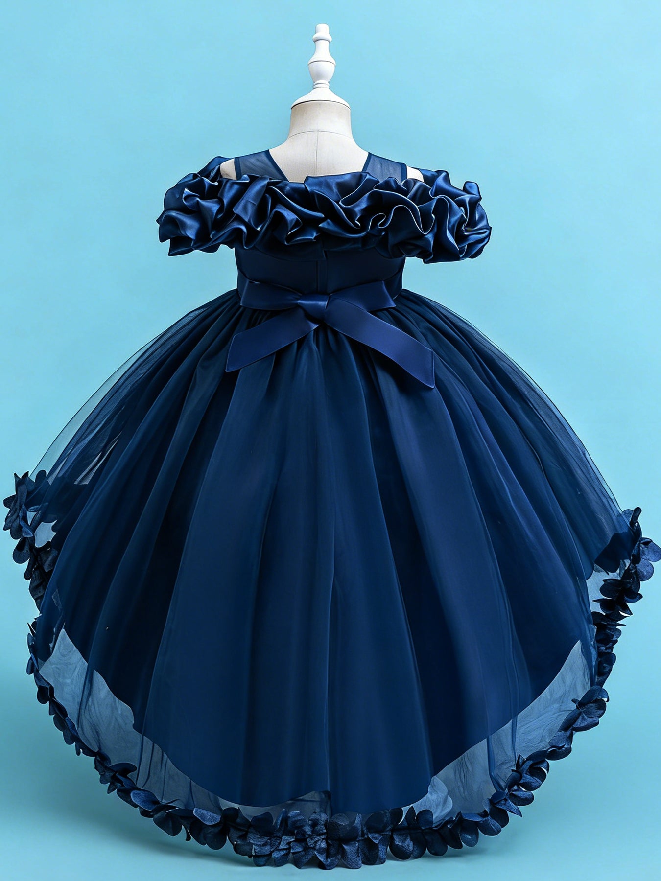 Blisseven navy blue girls high low princess dress back view with bow detail