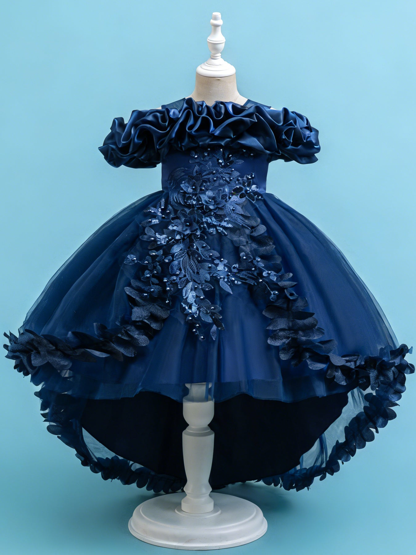Blisseven navy blue girls high low 3D floral princess dress front view