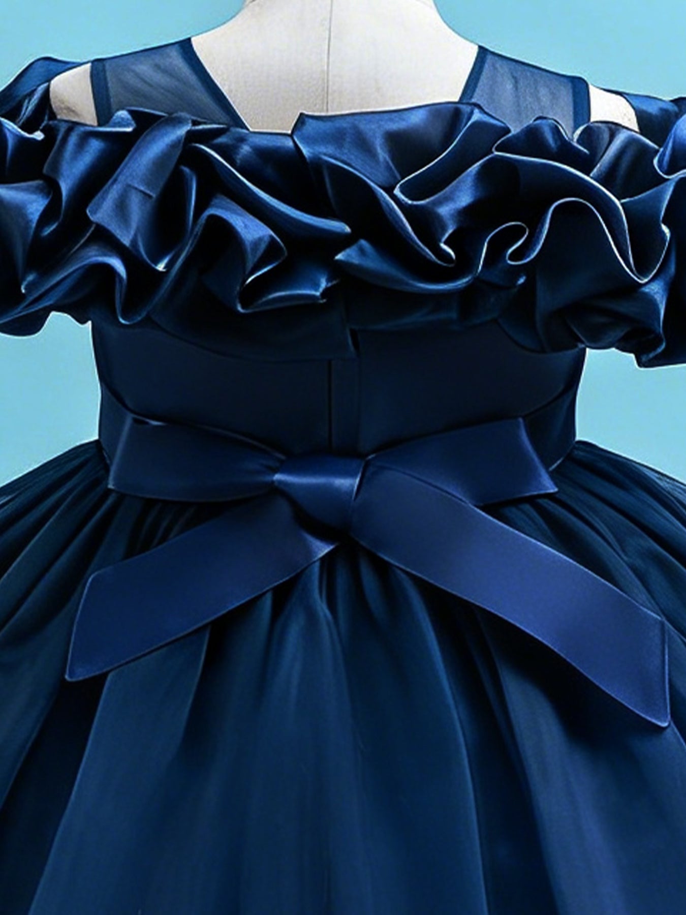 Blisseven navy blue girls party dress with layered tulle high low skirt detail
