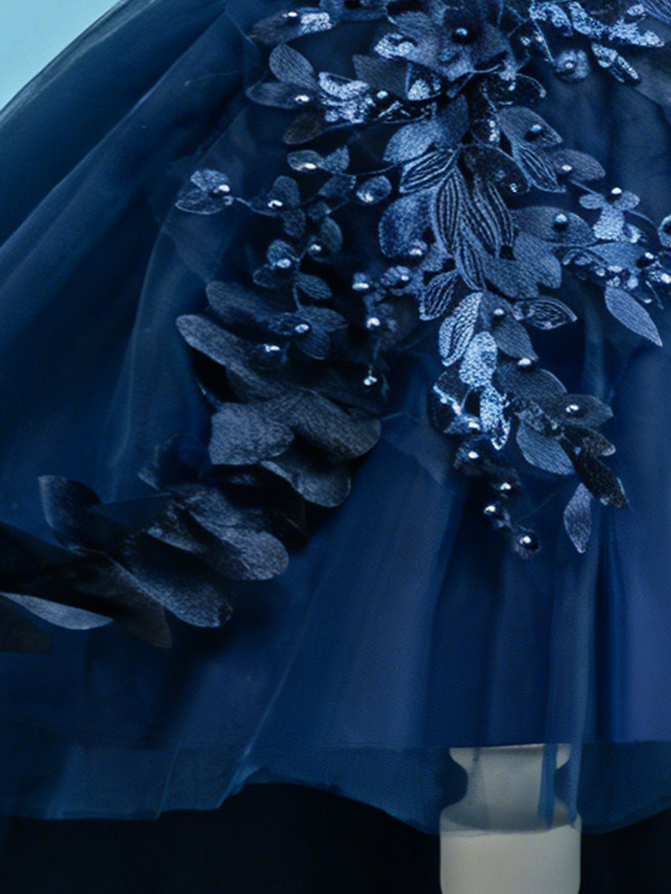 Blisseven navy blue girls princess dress with sparkling floral applique bodice detail