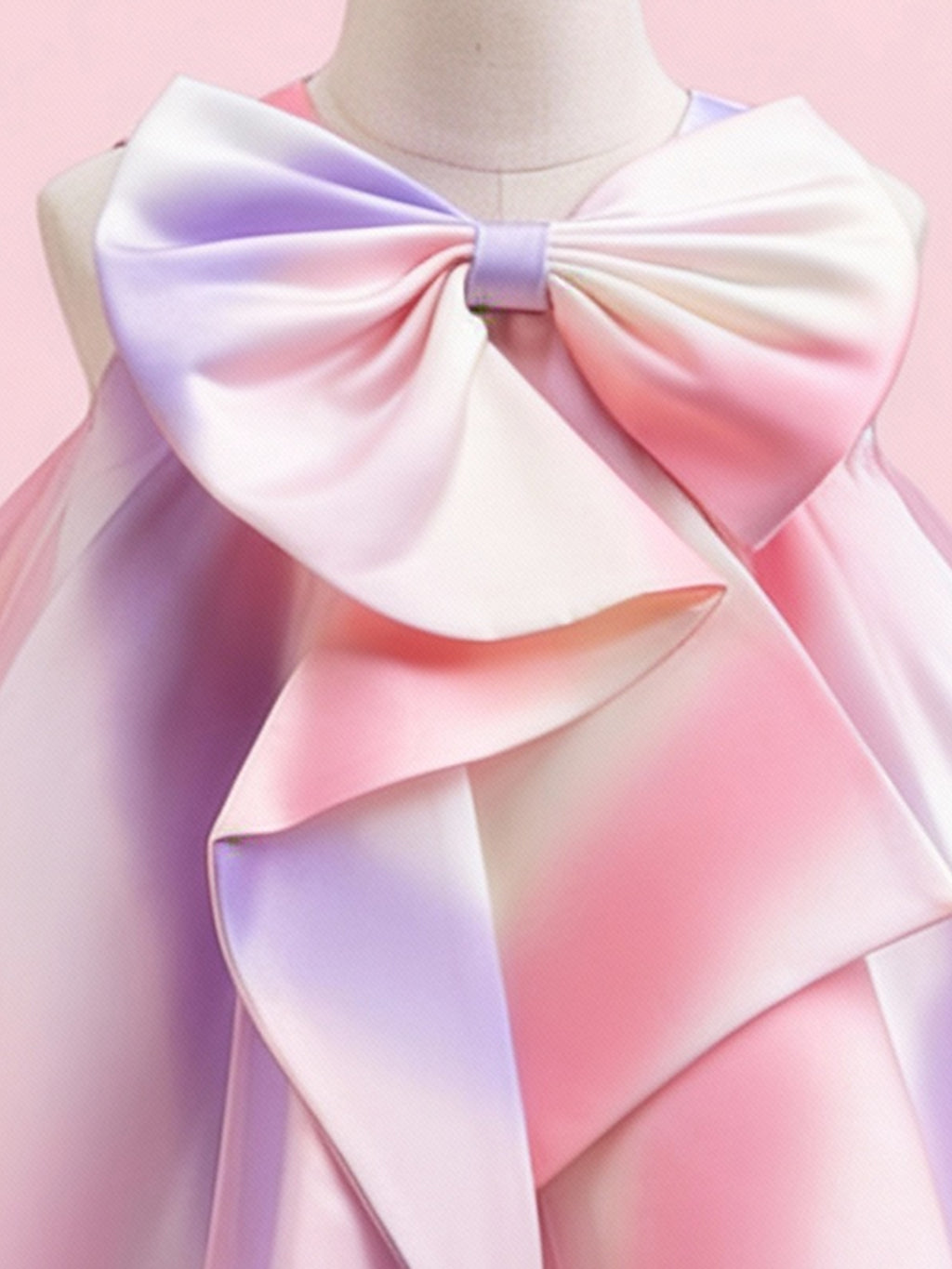 Blisseven pastel rainbow girls dress close up with oversized bow detail