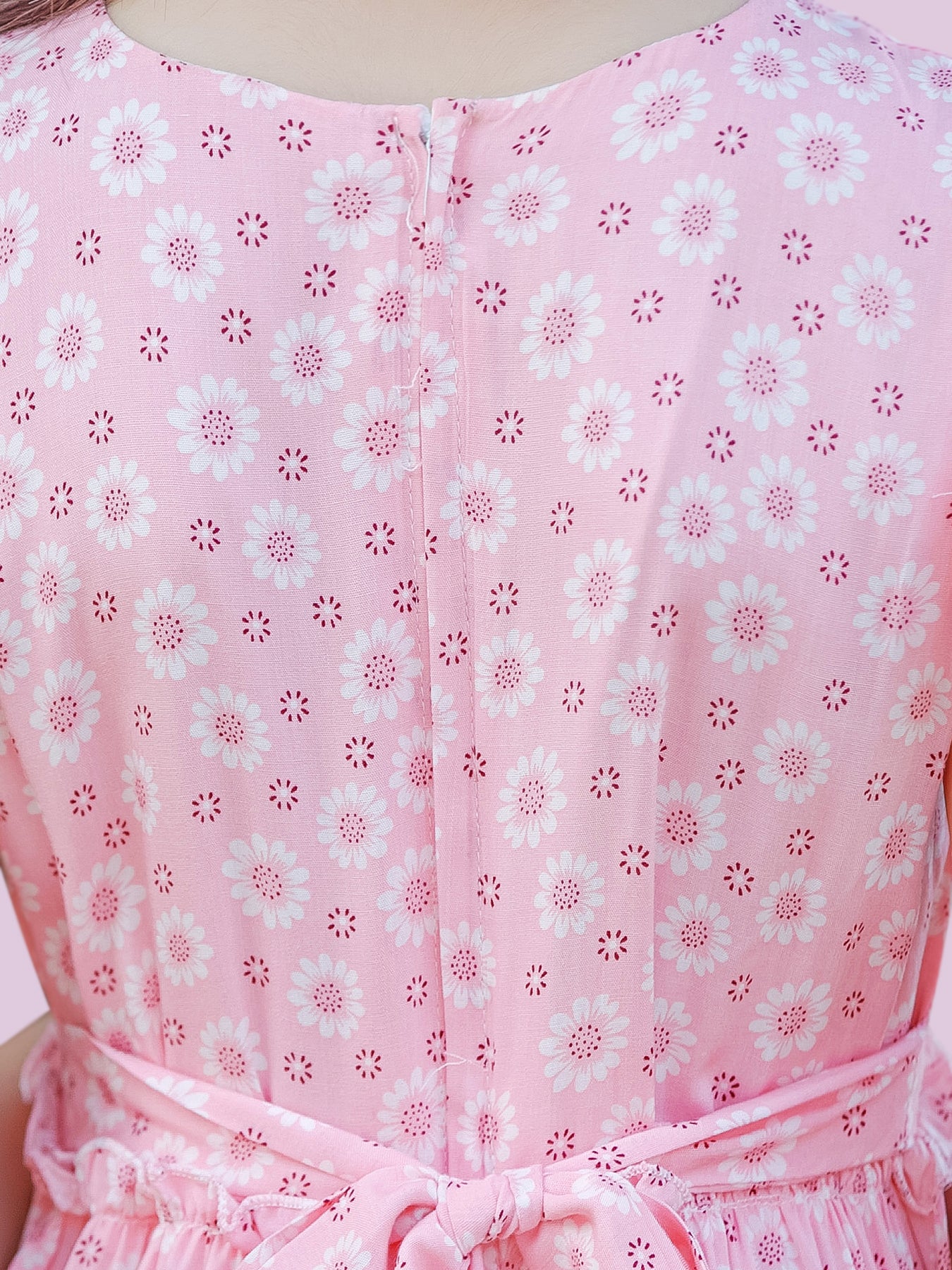 Blisseven pink girls floral dress back view with waist tie