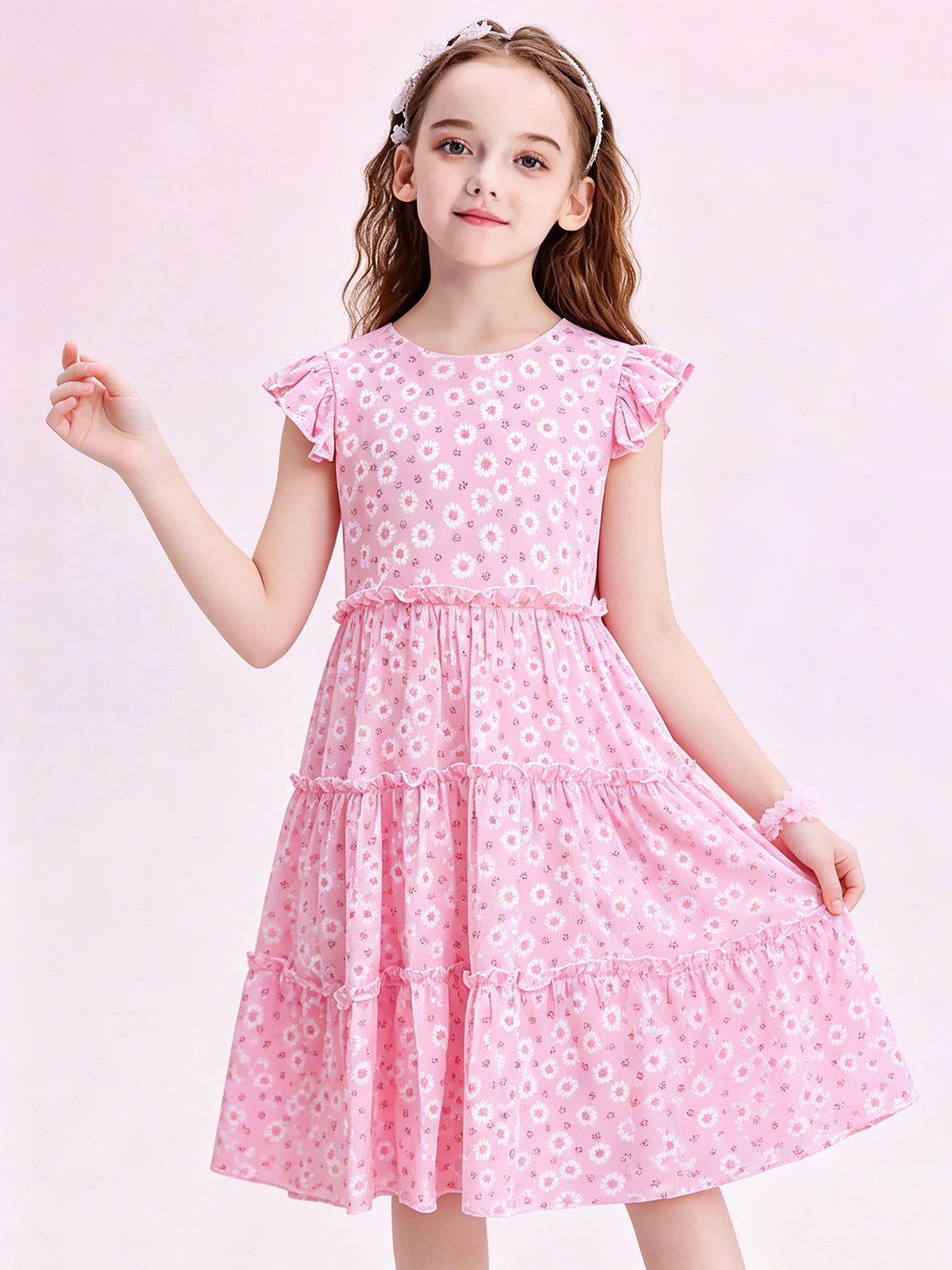 Blisseven pink girls floral tiered ruffle dress front view