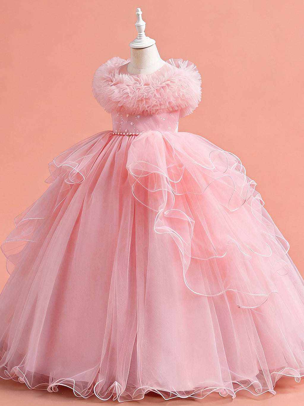 Blisseven pink flower girl tulle dress side view with full skirt