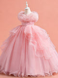 Blisseven pink flower girl tulle dress side view with full skirt