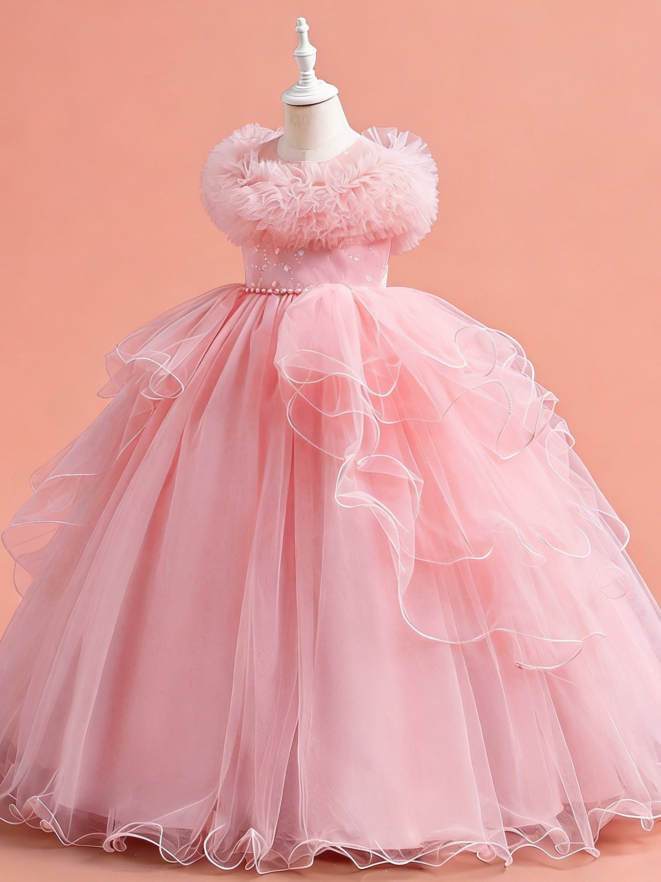 Blisseven pink flower girl tulle dress side view with full skirt