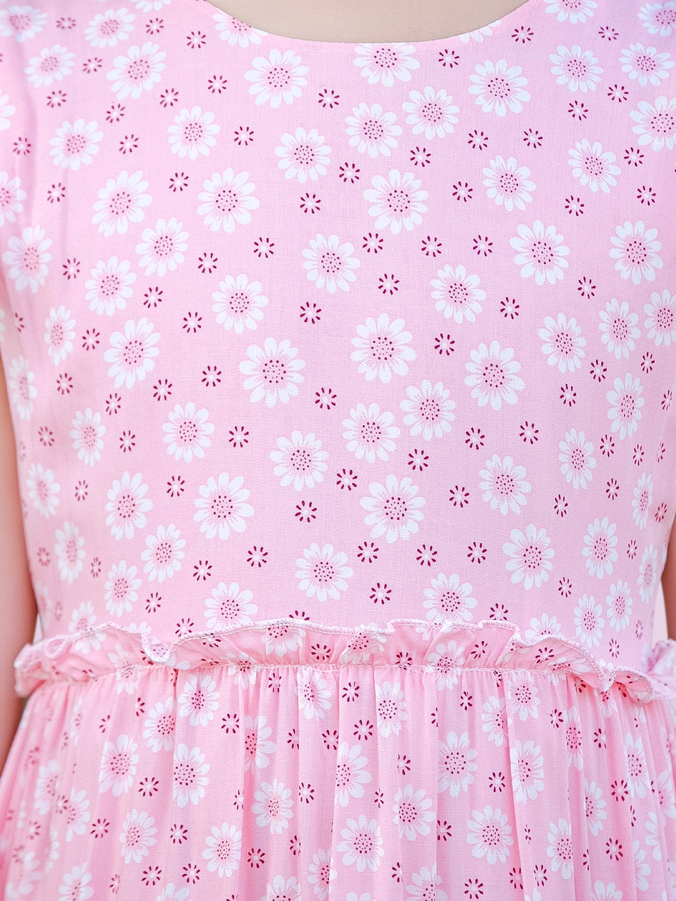 Blisseven pink girls dress close up with flutter sleeve details