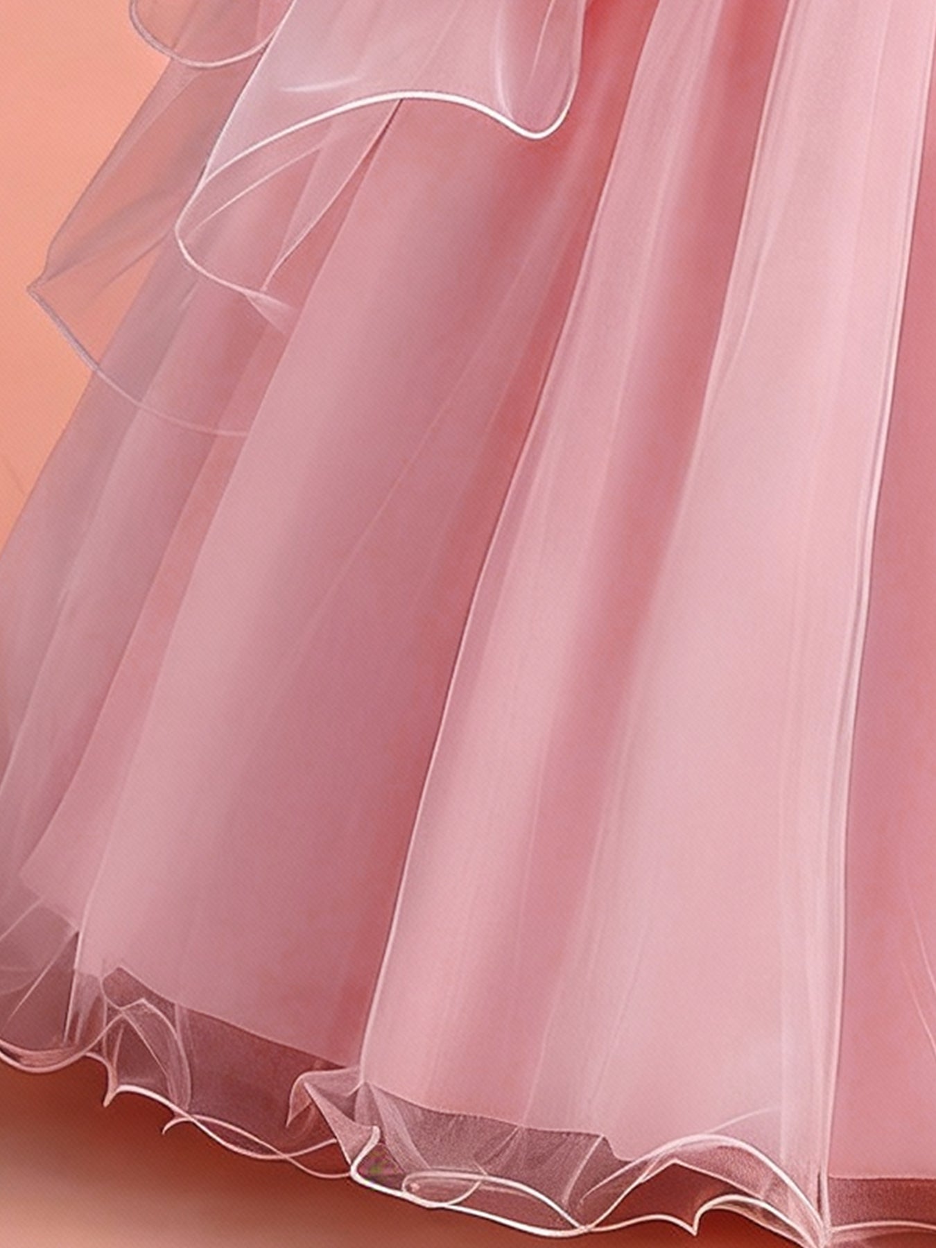 Blisseven pink girls ball gown with layered tulle skirt and wavy trim