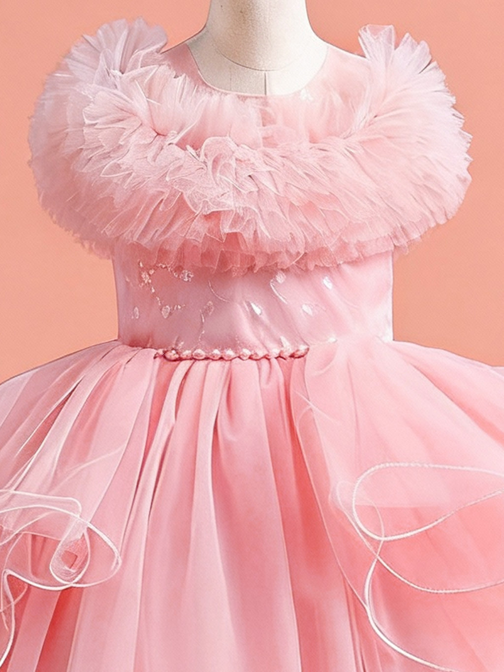 Blisseven pink girls dress close up with soft ruffle neckline details