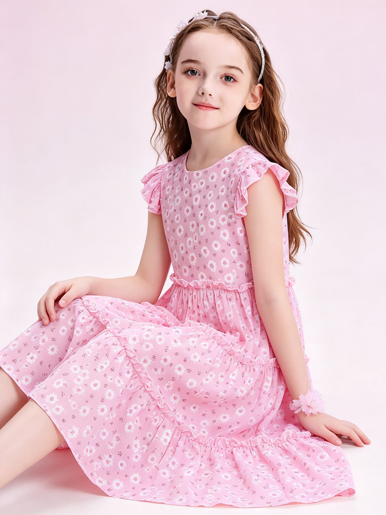 Blisseven pink girls floral dress with tiered ruffle skirt detail