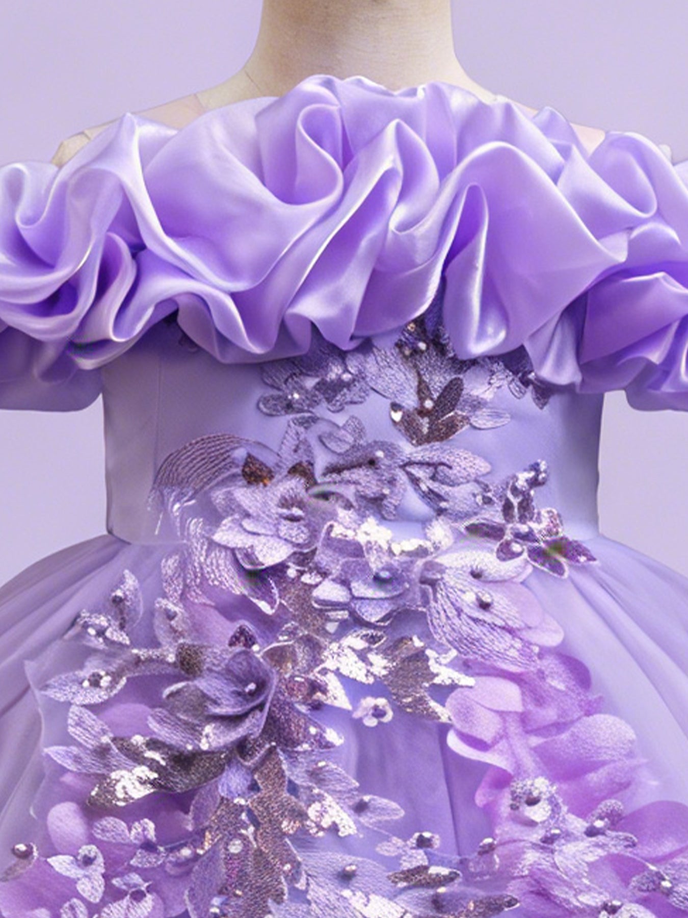 Blisseven purple princess dress close up with 3D floral ruffle neckline