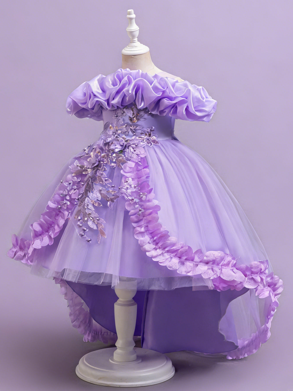 Blisseven purple flower girl tulle dress with high low skirt side view
