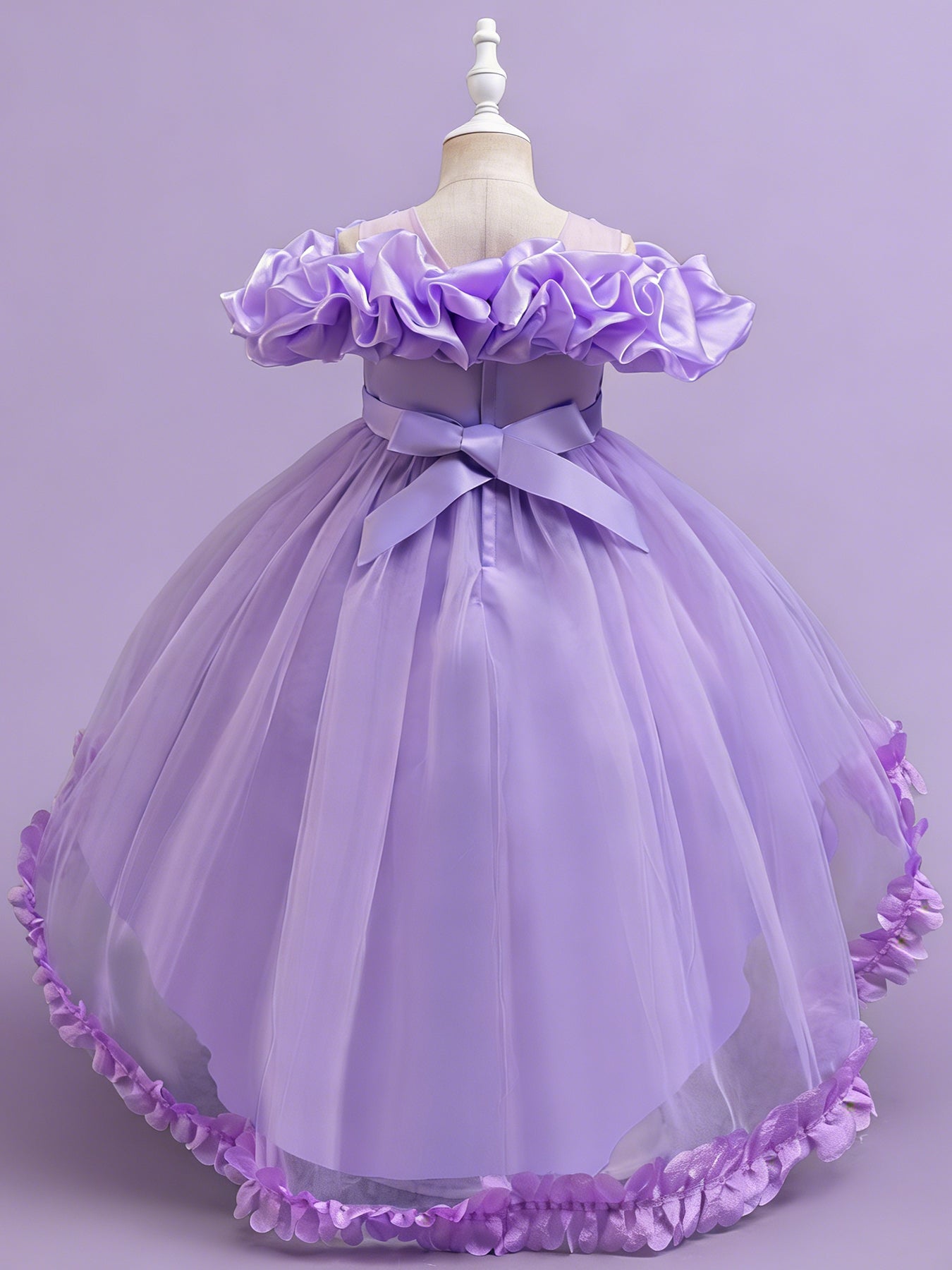 Blisseven purple girls high low princess dress back view with bow detail