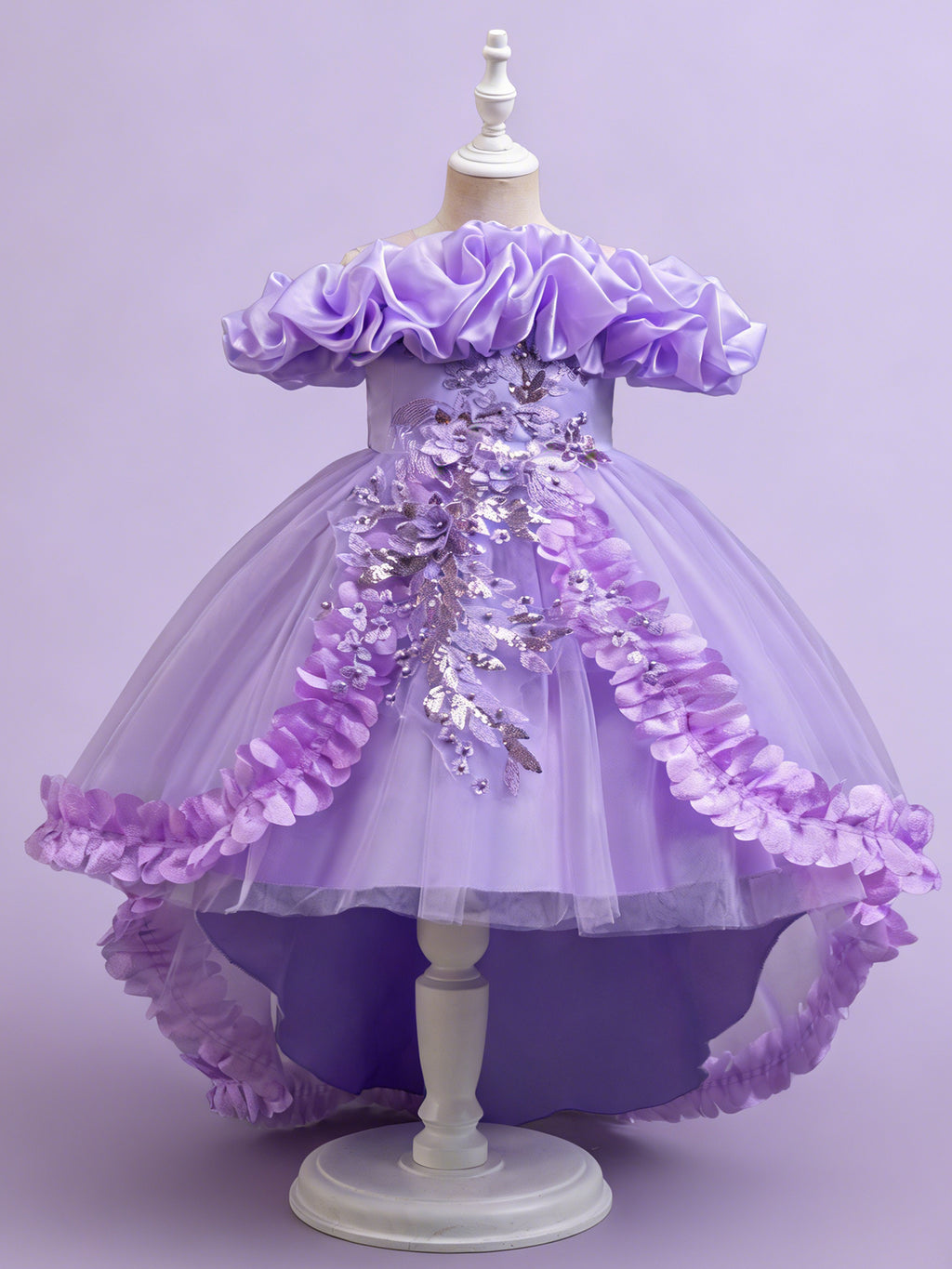 Blisseven purple girls high low 3D floral princess dress front view
