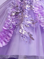 Blisseven purple girls party dress with layered tulle high low skirt detail