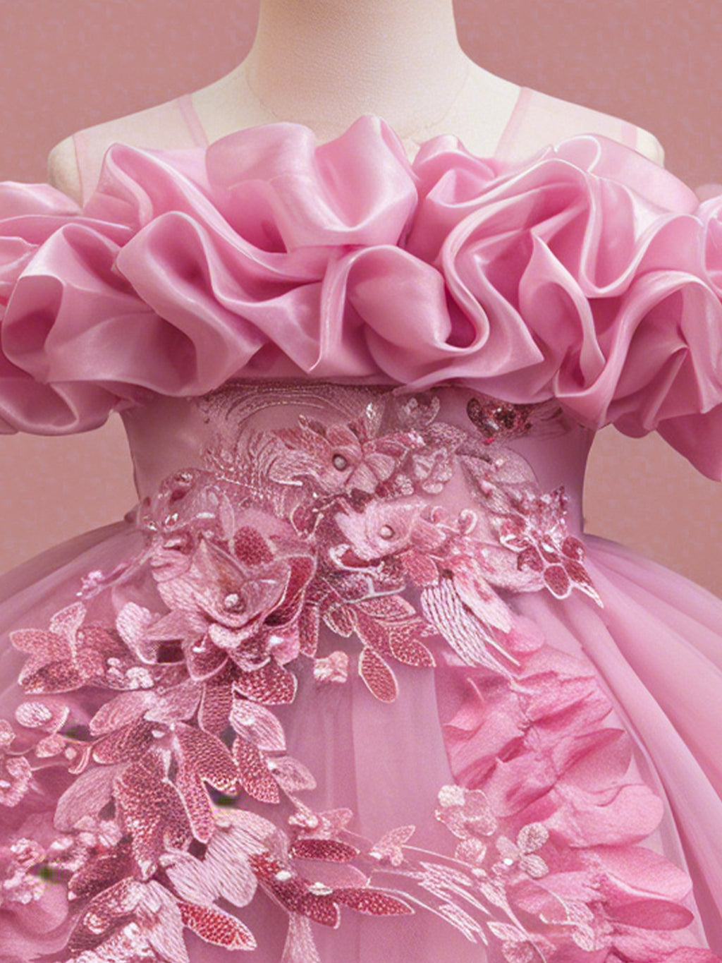 Blisseven rose pink princess dress close up with 3D floral ruffle neckline