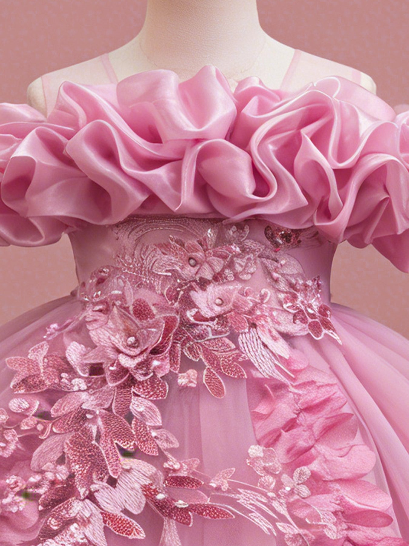 Blisseven rose pink princess dress close up with 3D floral ruffle neckline