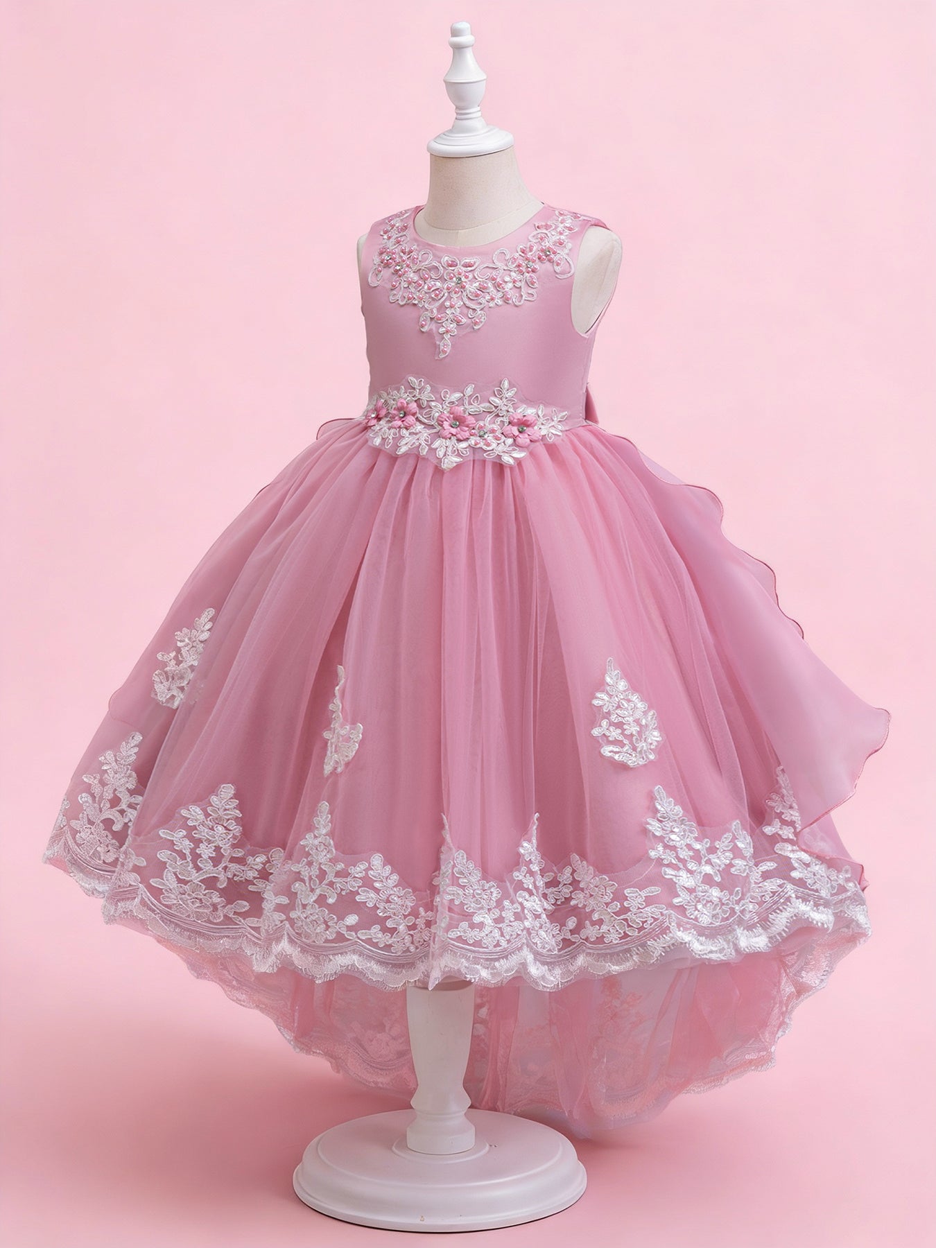 Blisseven rose pink flower girl tulle dress side view with high low skirt