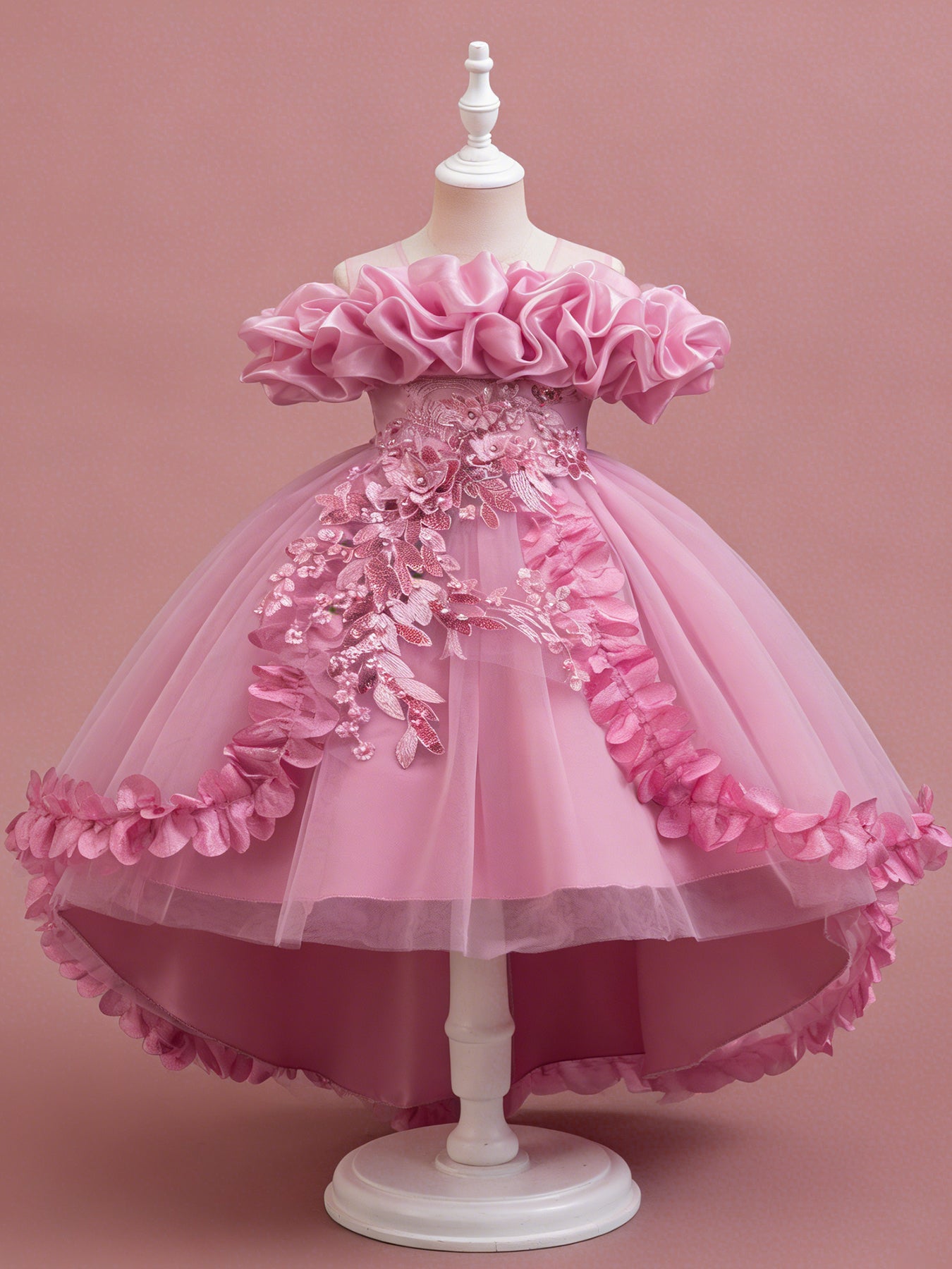 Blisseven rose pink flower girl tulle dress with high low skirt side view