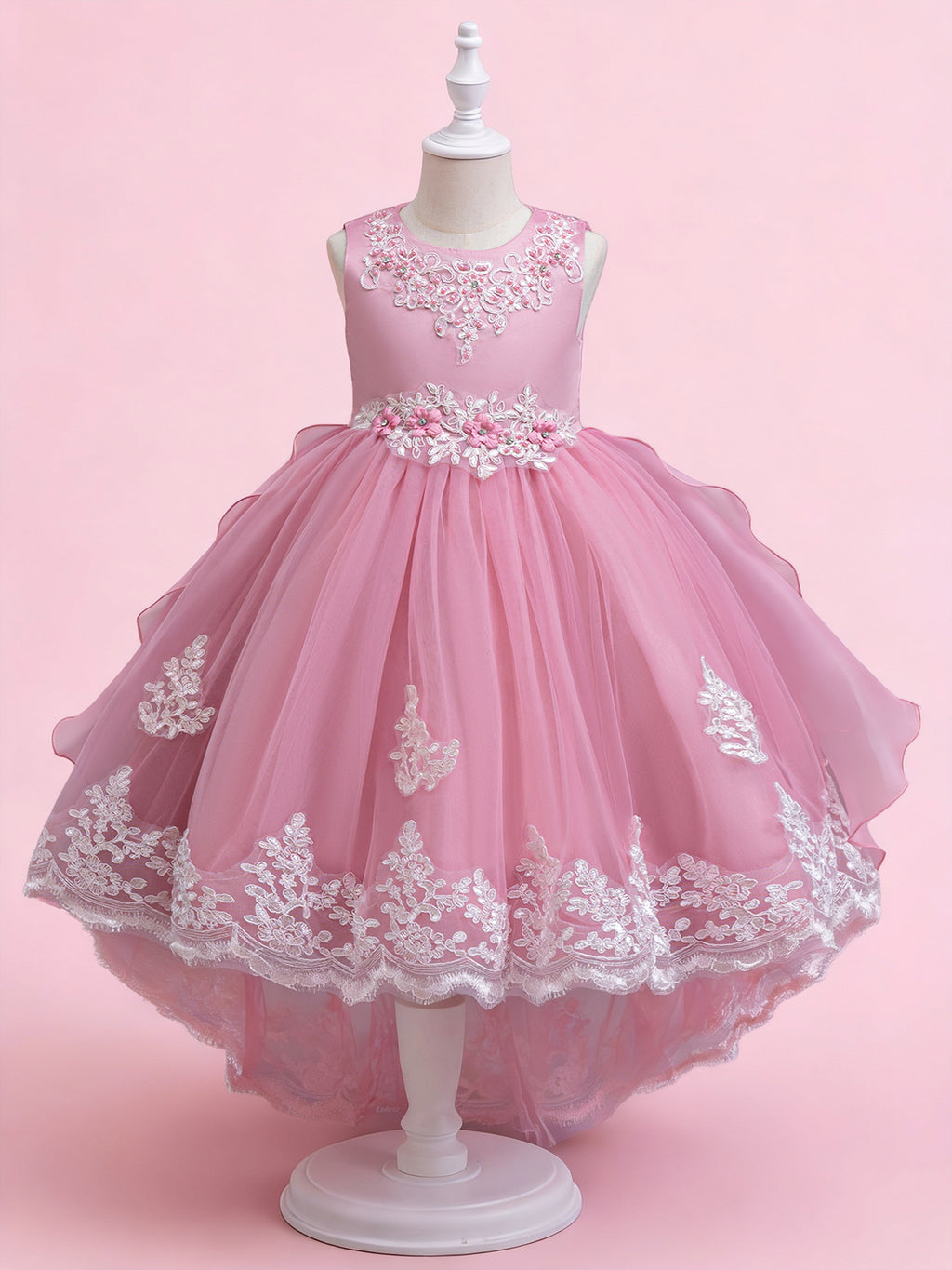 Blisseven rose pink girls high low lace princess dress front view