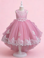 Blisseven rose pink girls high low lace princess dress front view