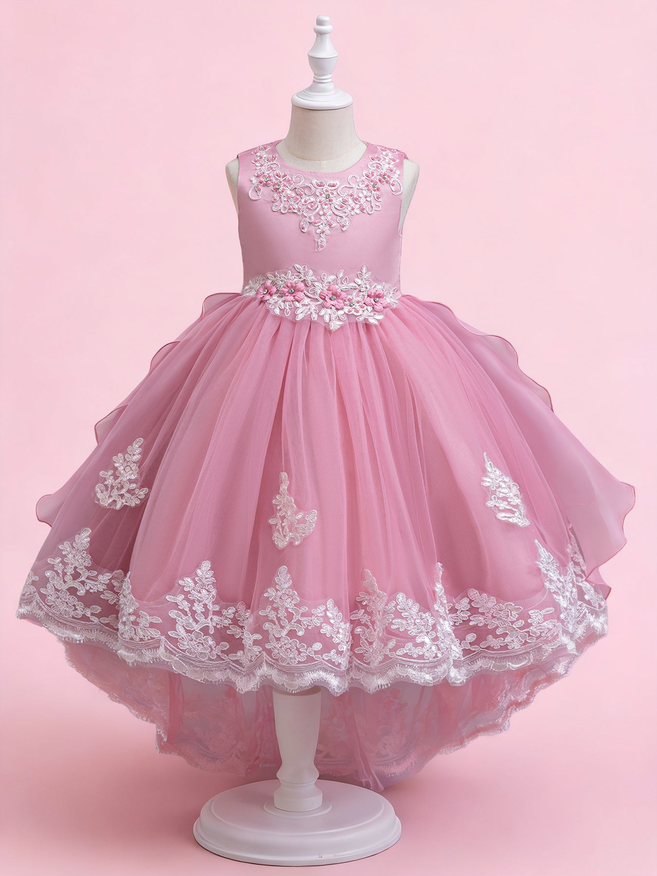 Blisseven rose pink girls high low lace princess dress front view