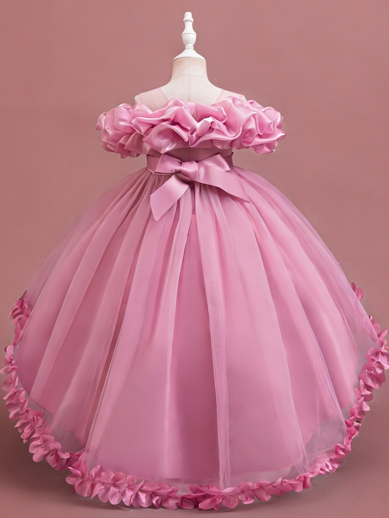 Blisseven rose pink girls high low princess dress back view with bow detail
