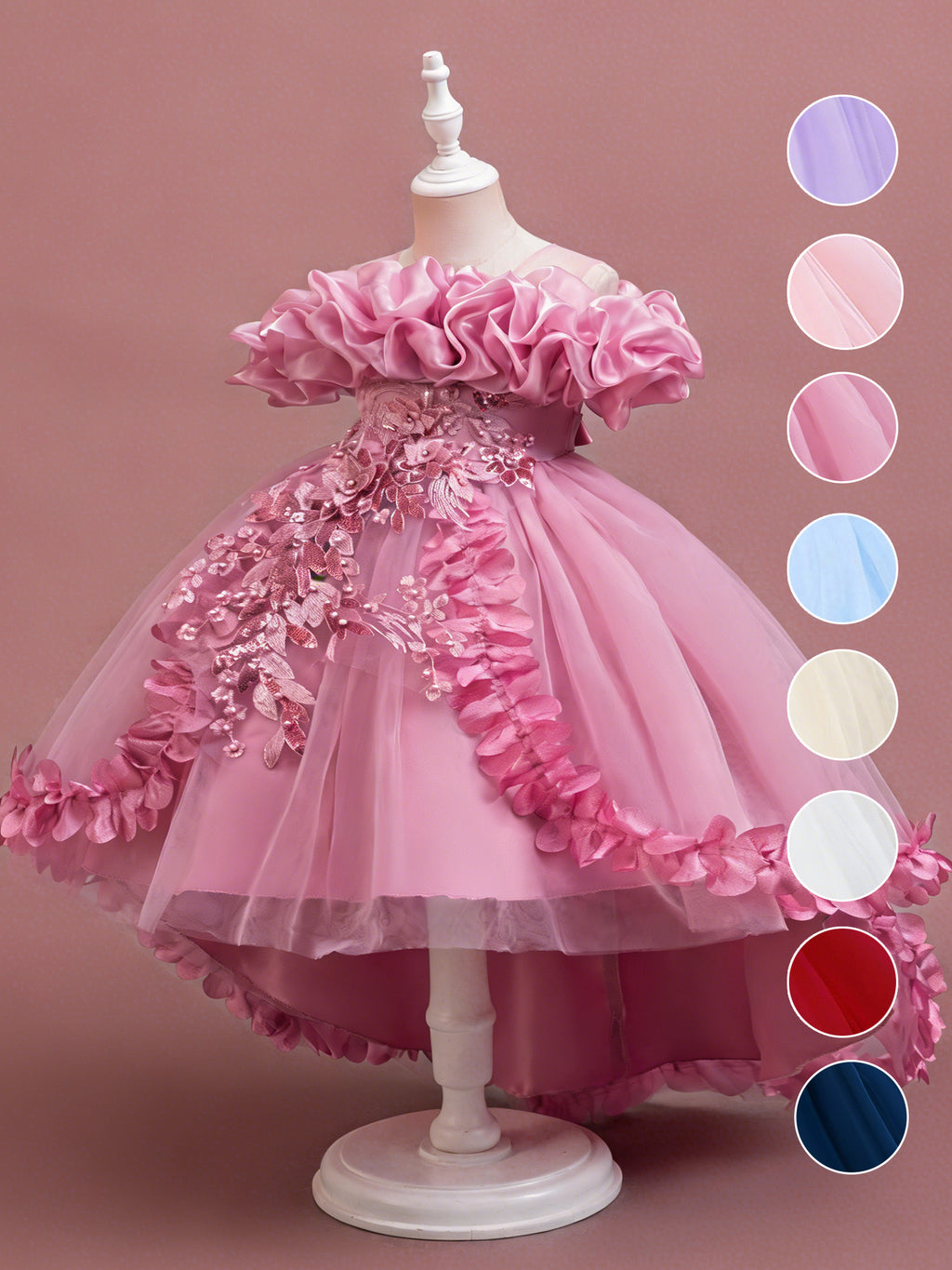 Blisseven rose pink girls high low 3D floral princess dress front view