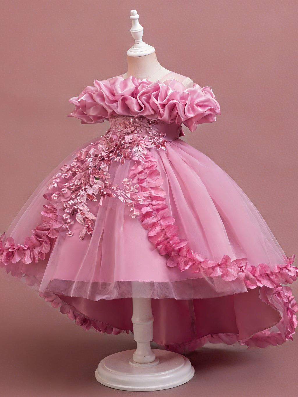Blisseven rose pink girls high low 3D floral princess dress front view