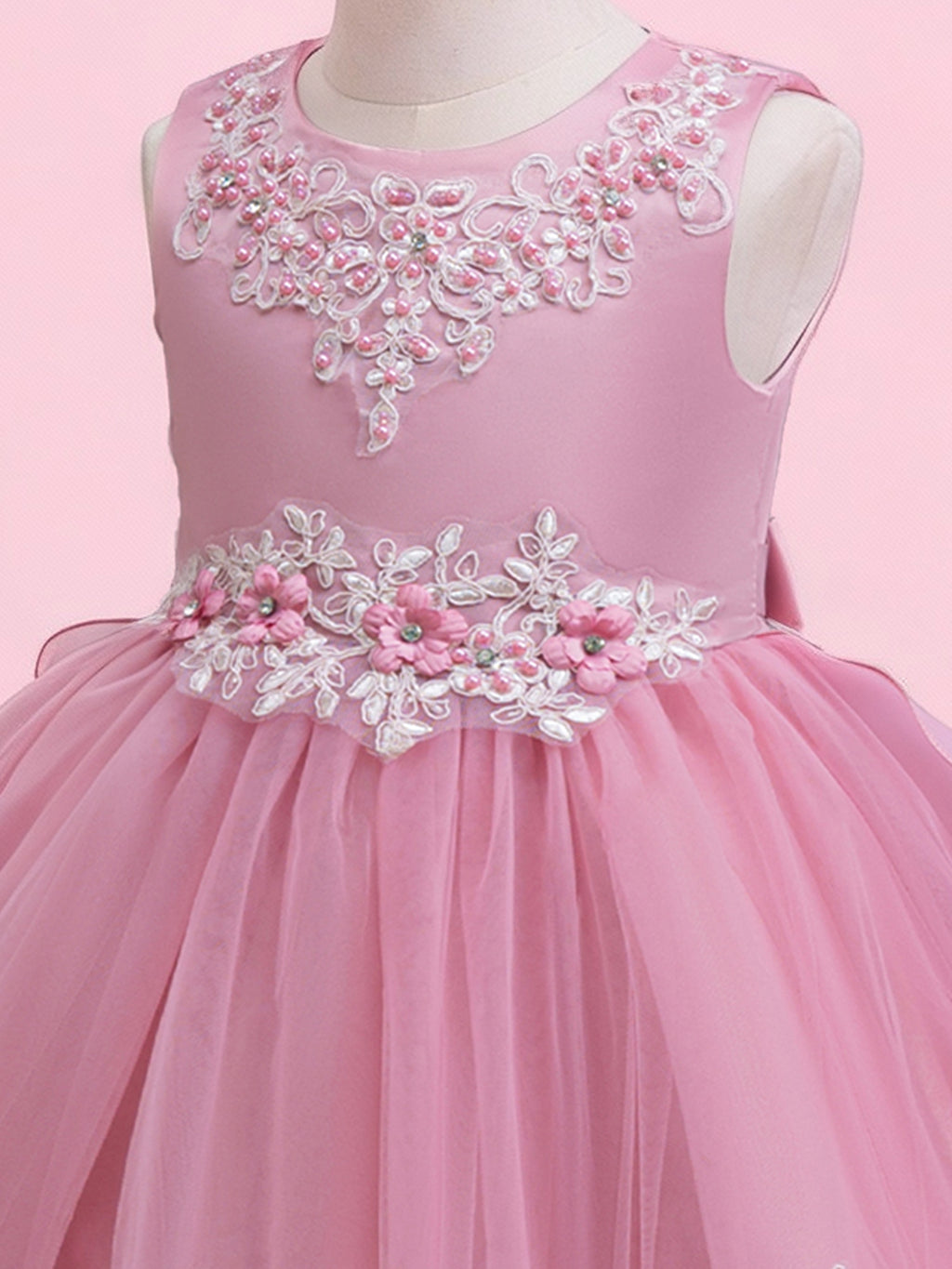 Blisseven rose pink girls dress close up with floral lace bodice details