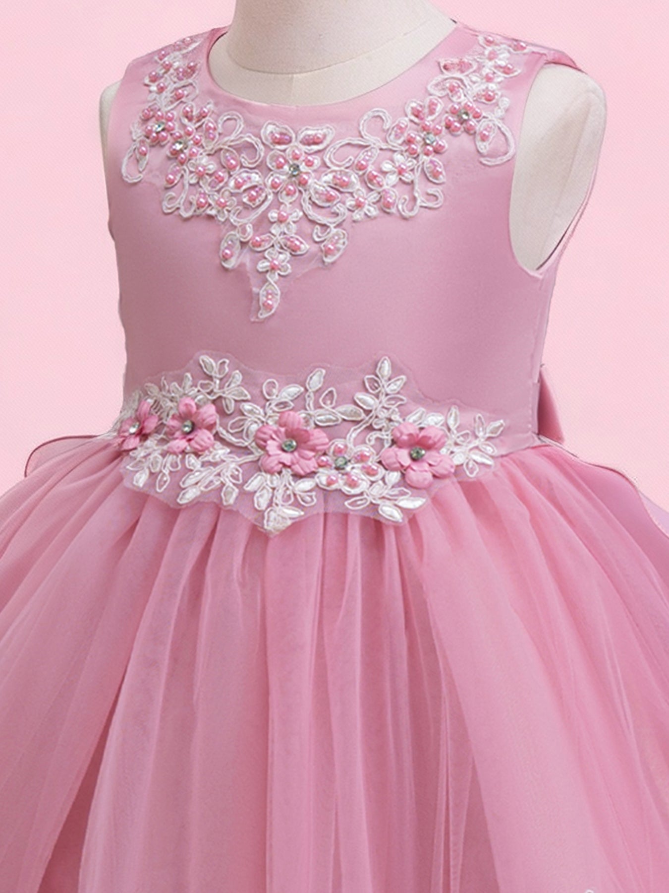 Blisseven rose pink girls dress close up with floral lace bodice details