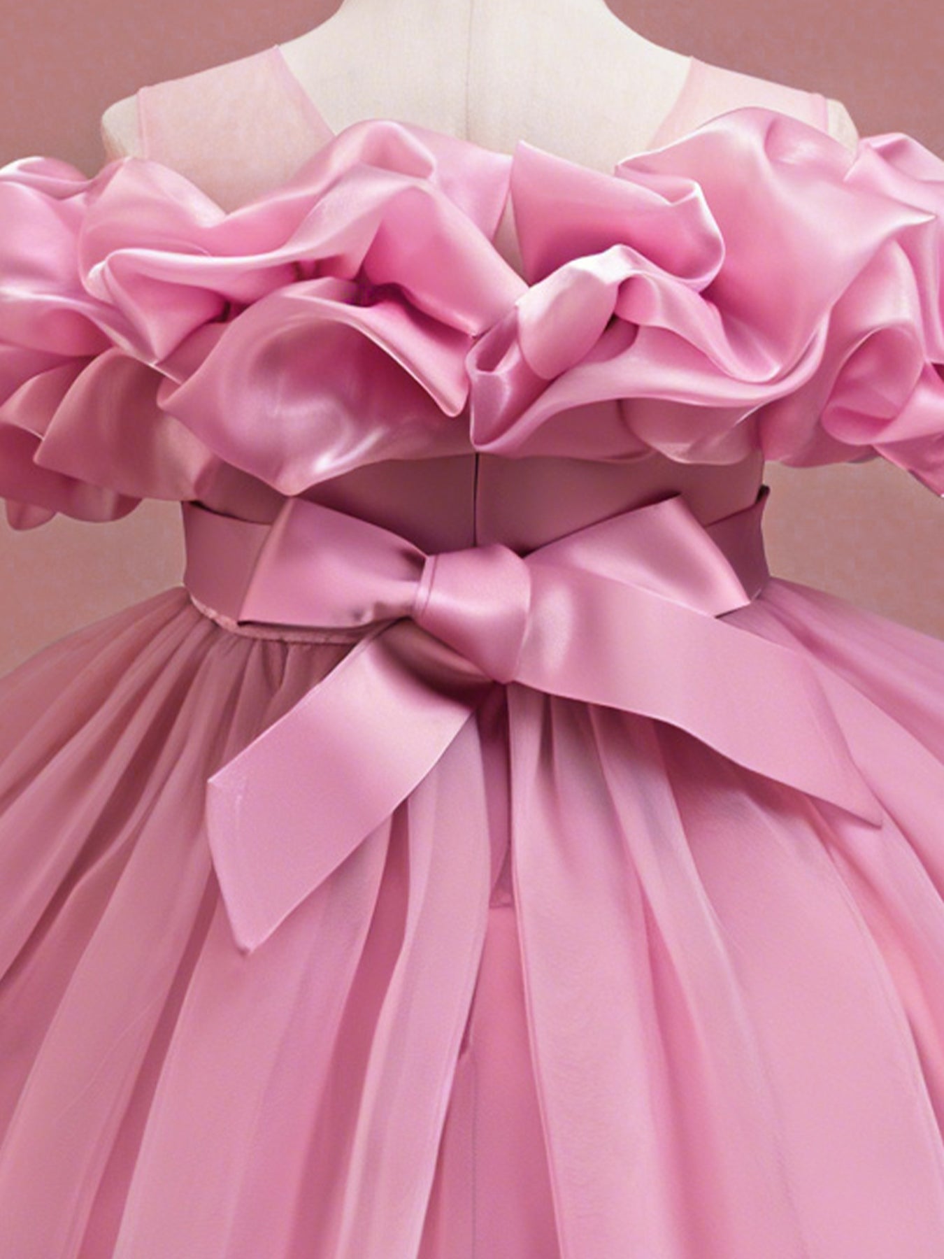 Blisseven rose pink girls party dress with layered tulle high low skirt detail