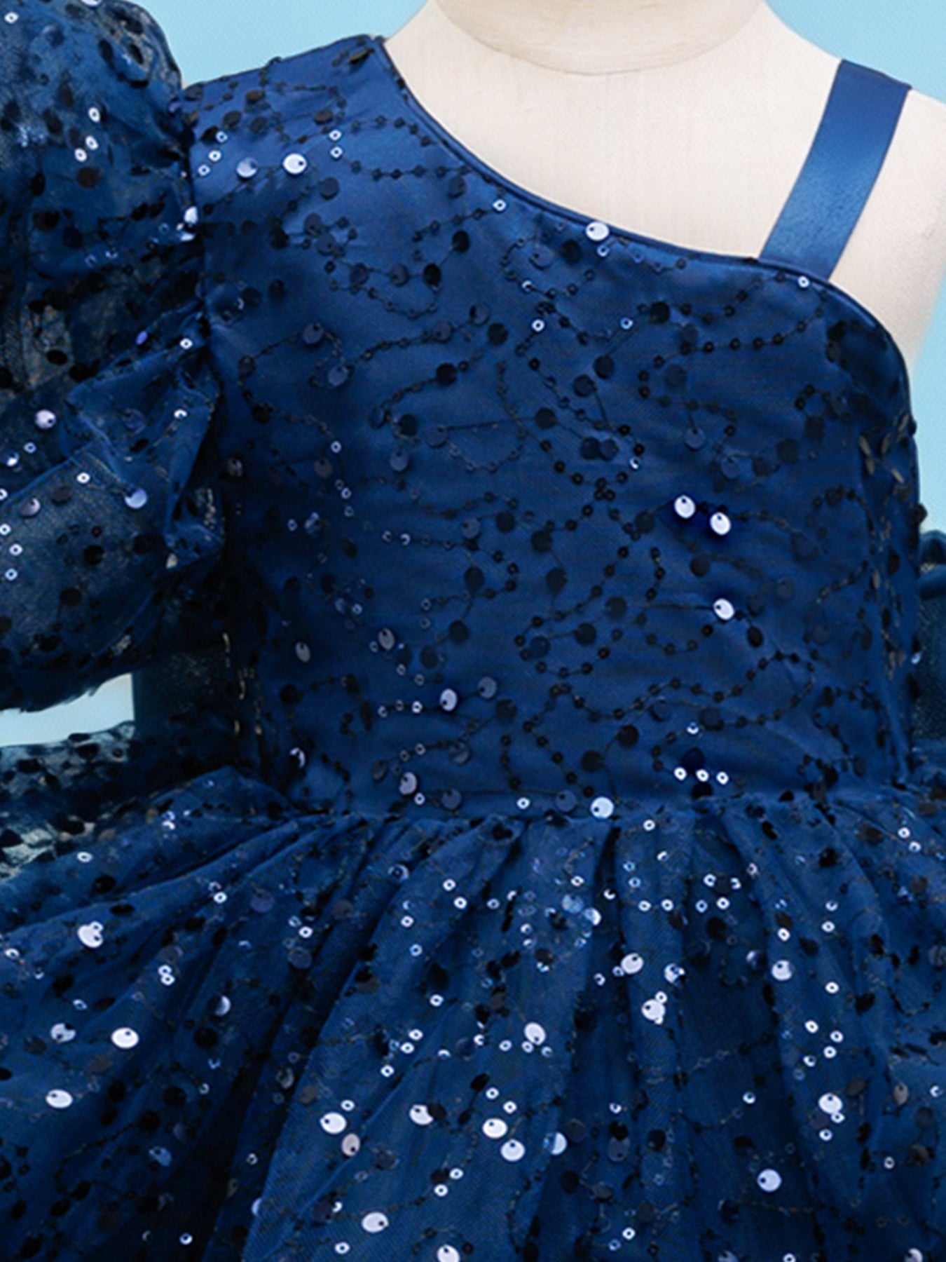 Blisseven royal blue girls dress close up with one shoulder puff sleeve detail